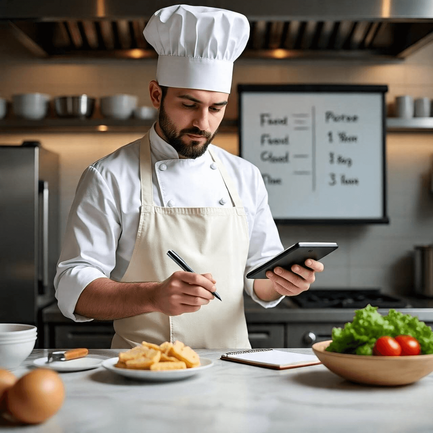 Chef using a tablet to cost a menu in the kitchen.