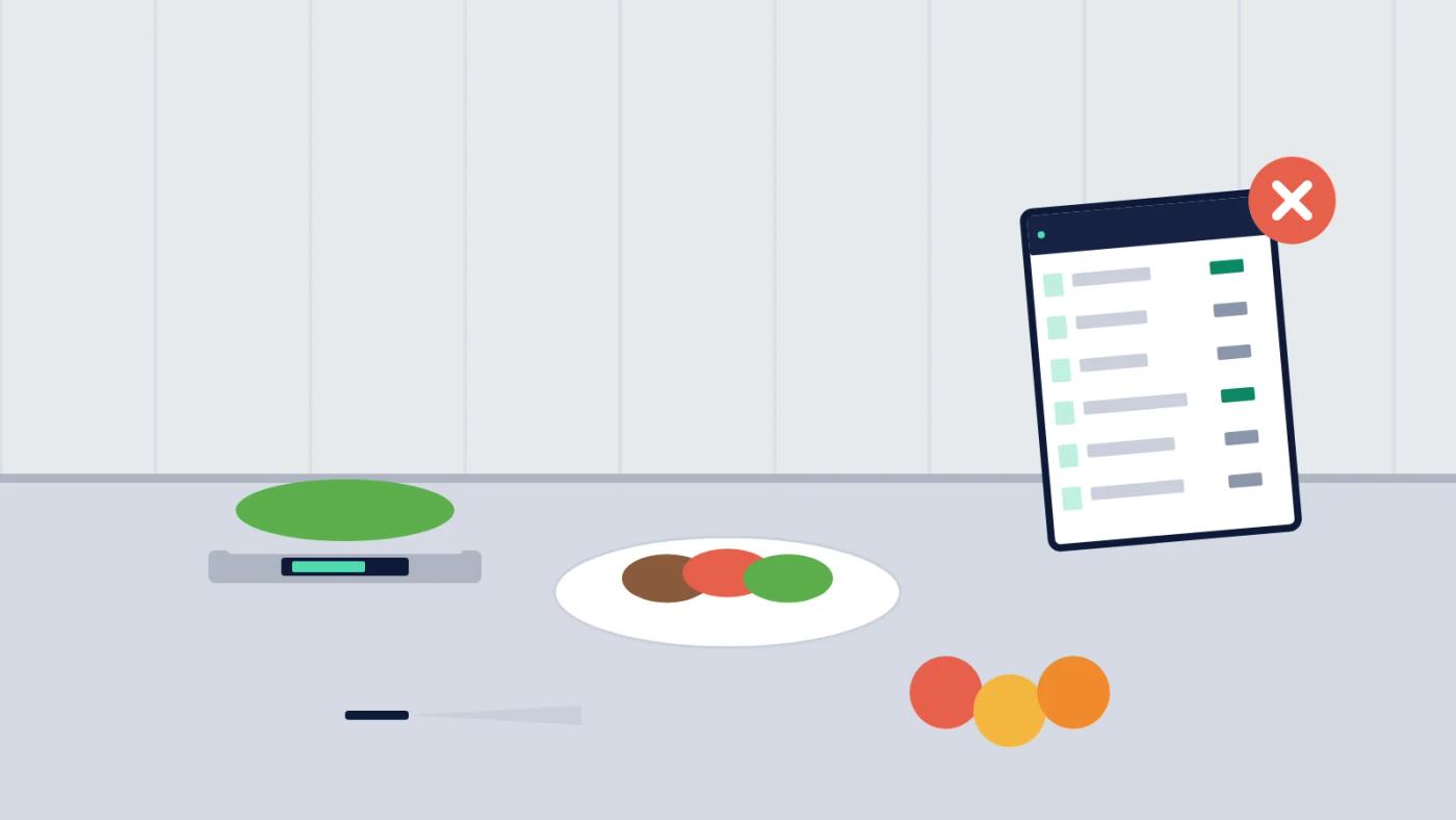 Illustration of a kitchen bench with a dish, scale and ingredients, and a tablet costing list marked with a red cross.