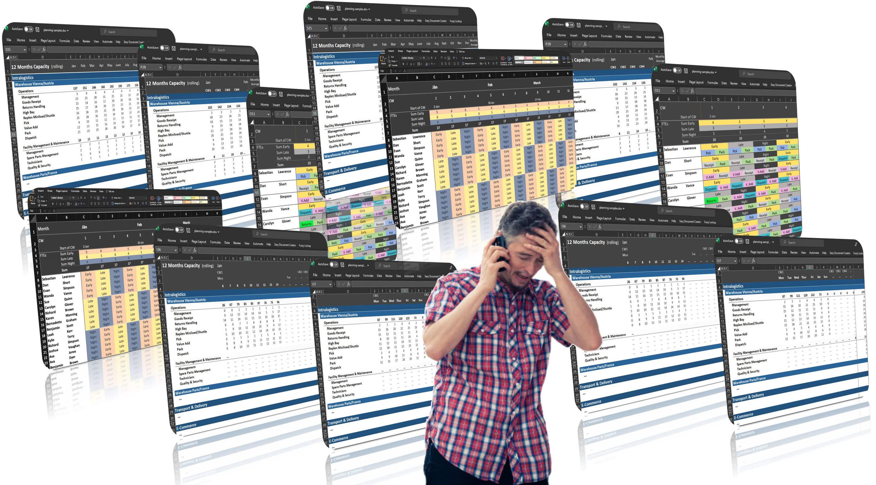 A problematic man talking on the phone with spreadsheets on the background.