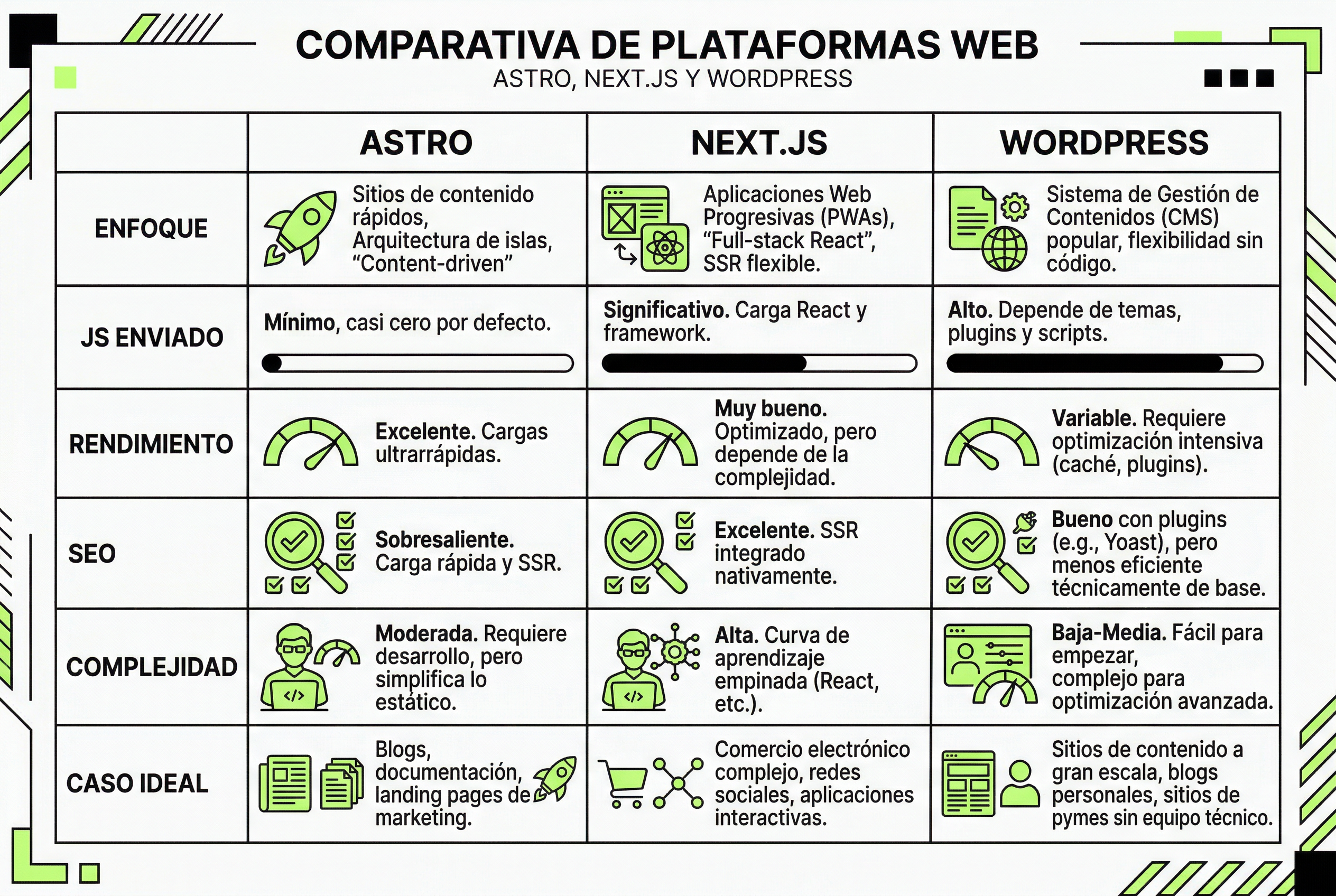 comparativa Astro Next.js y WordPress rendimiento y enfoque