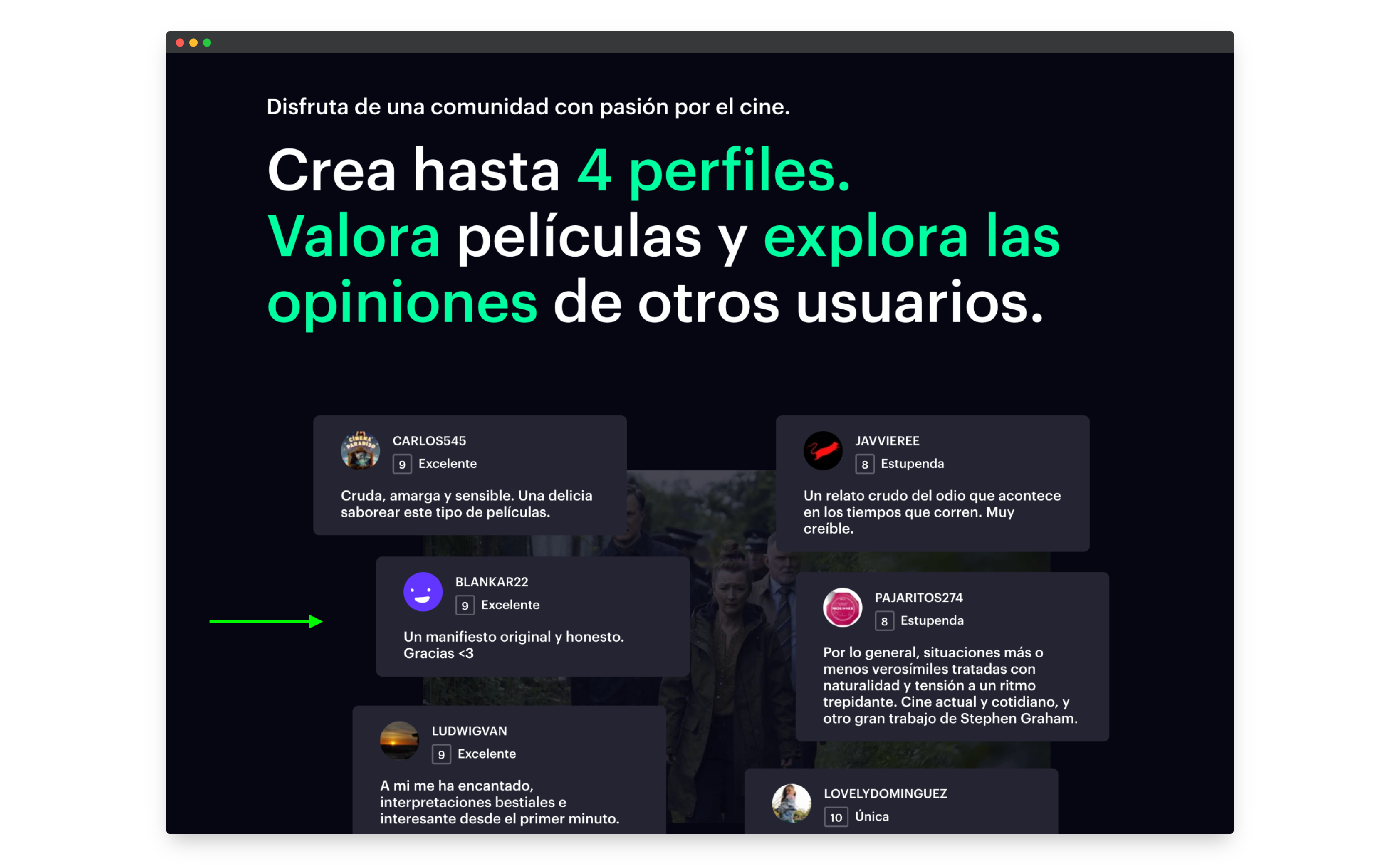 Image of testimonials on the Filmin landing page