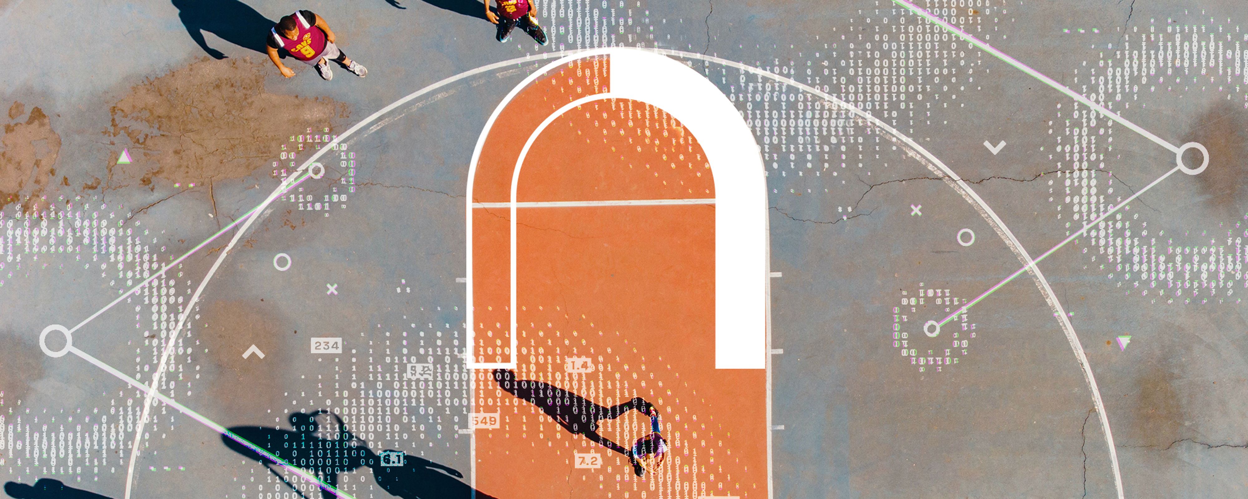 A basketball court is overlaid with digitized circles and lines 
