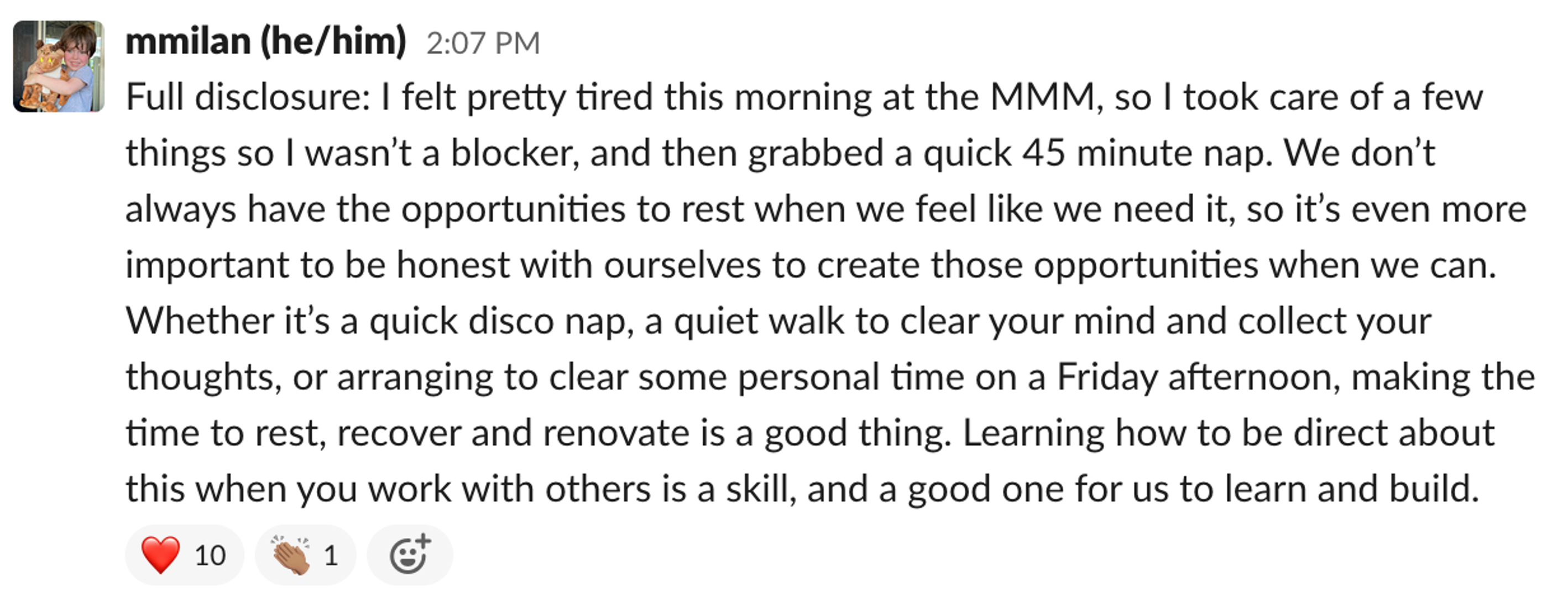 Matthew's Slack Message on team chat