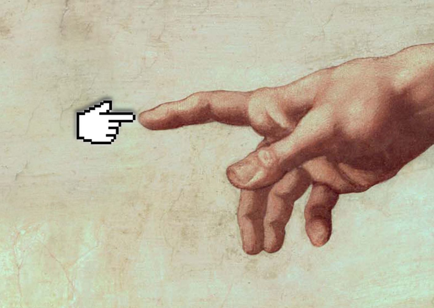 The hand of God from Michelangelo's sistine chapel touches a digital hand