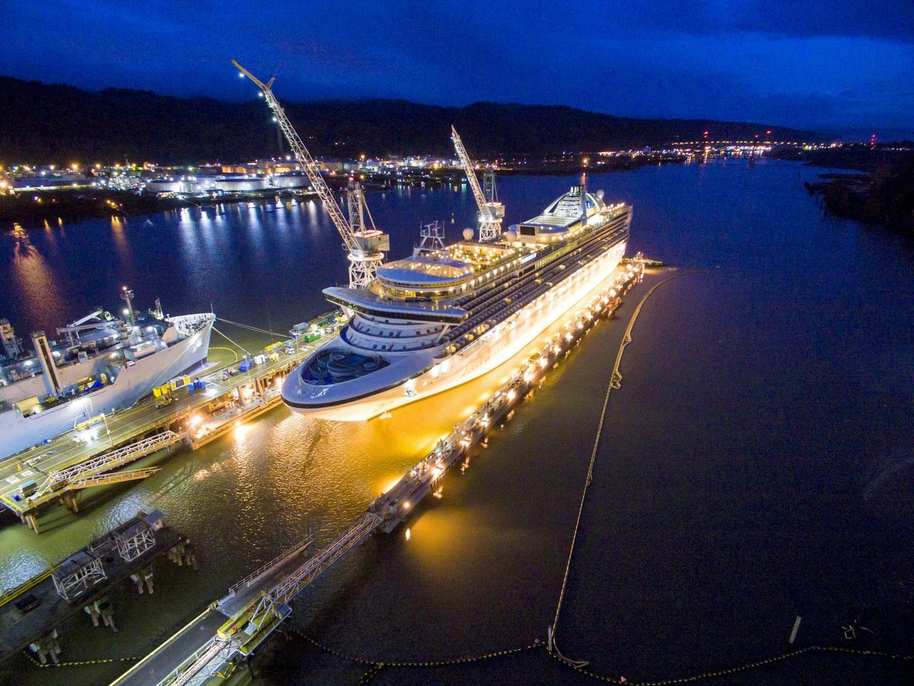 Grand Princess Cruise Ship lit up at night