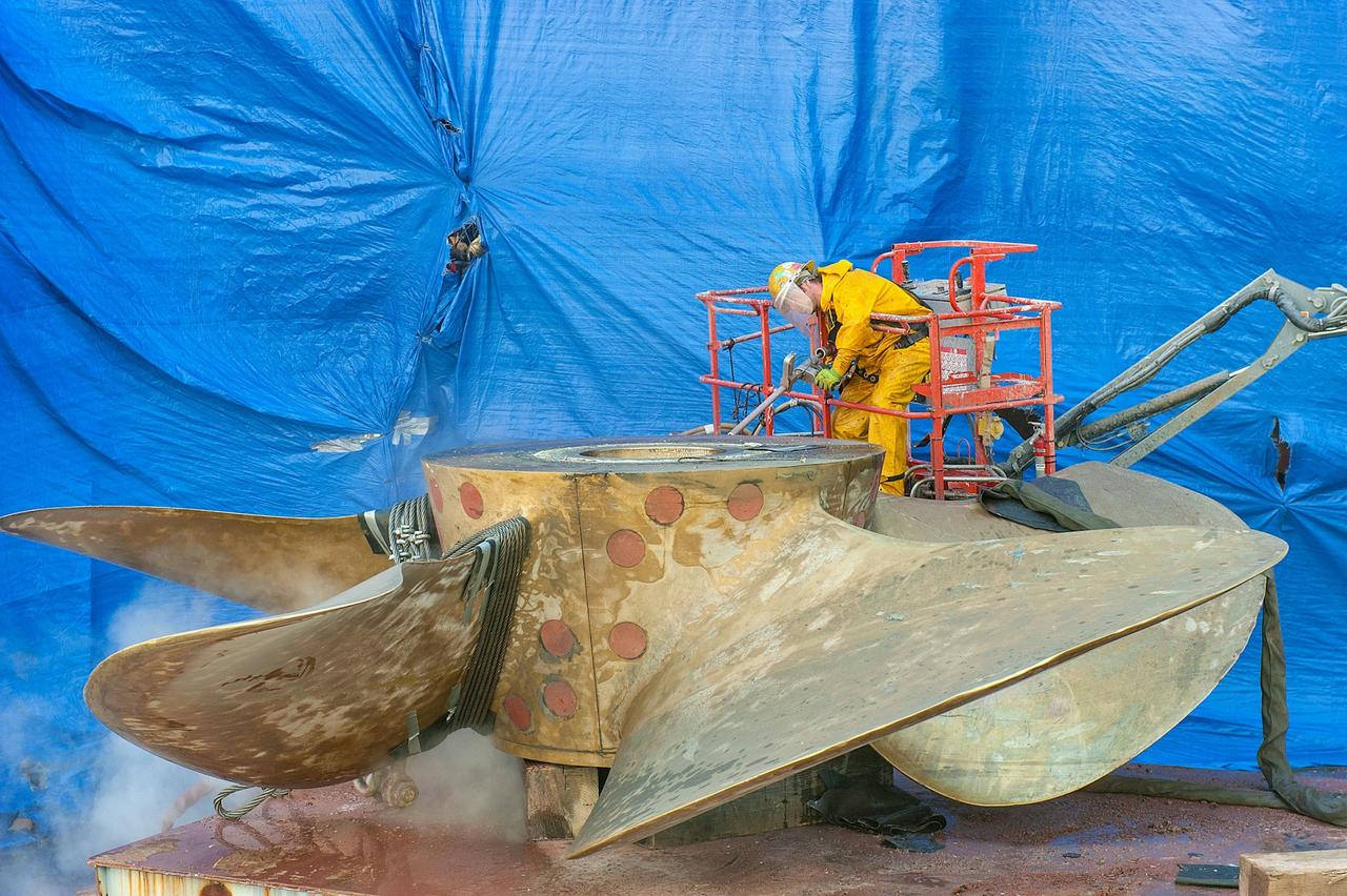 Working on the propeller on the Radiance of the Seas