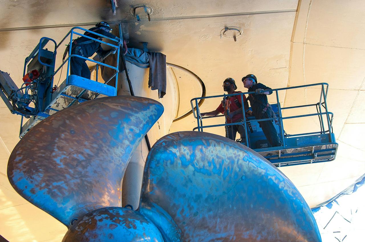 Worker updrading the propeller on the Radiance of the Seas
