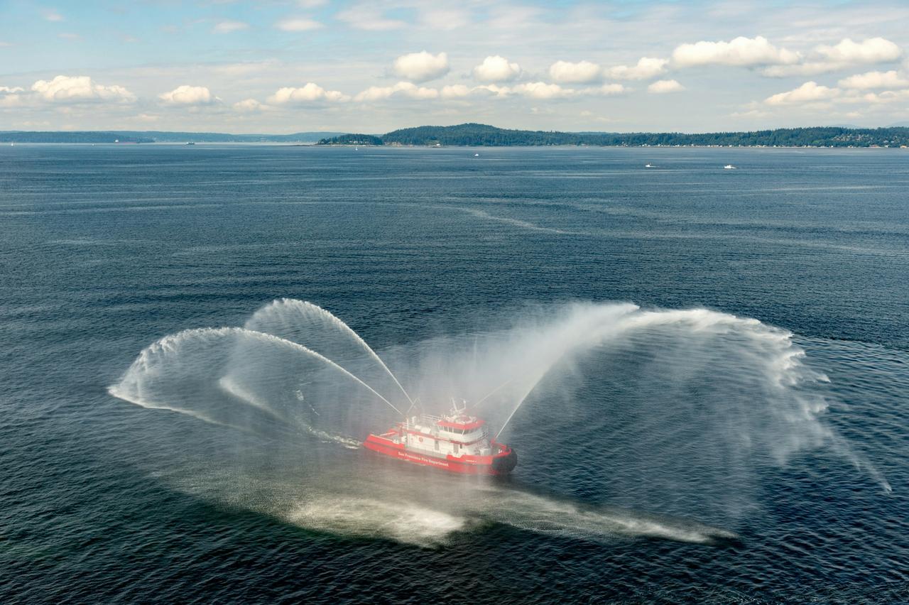 San Francisco Fire Department Fireboat with pumps working spraying water