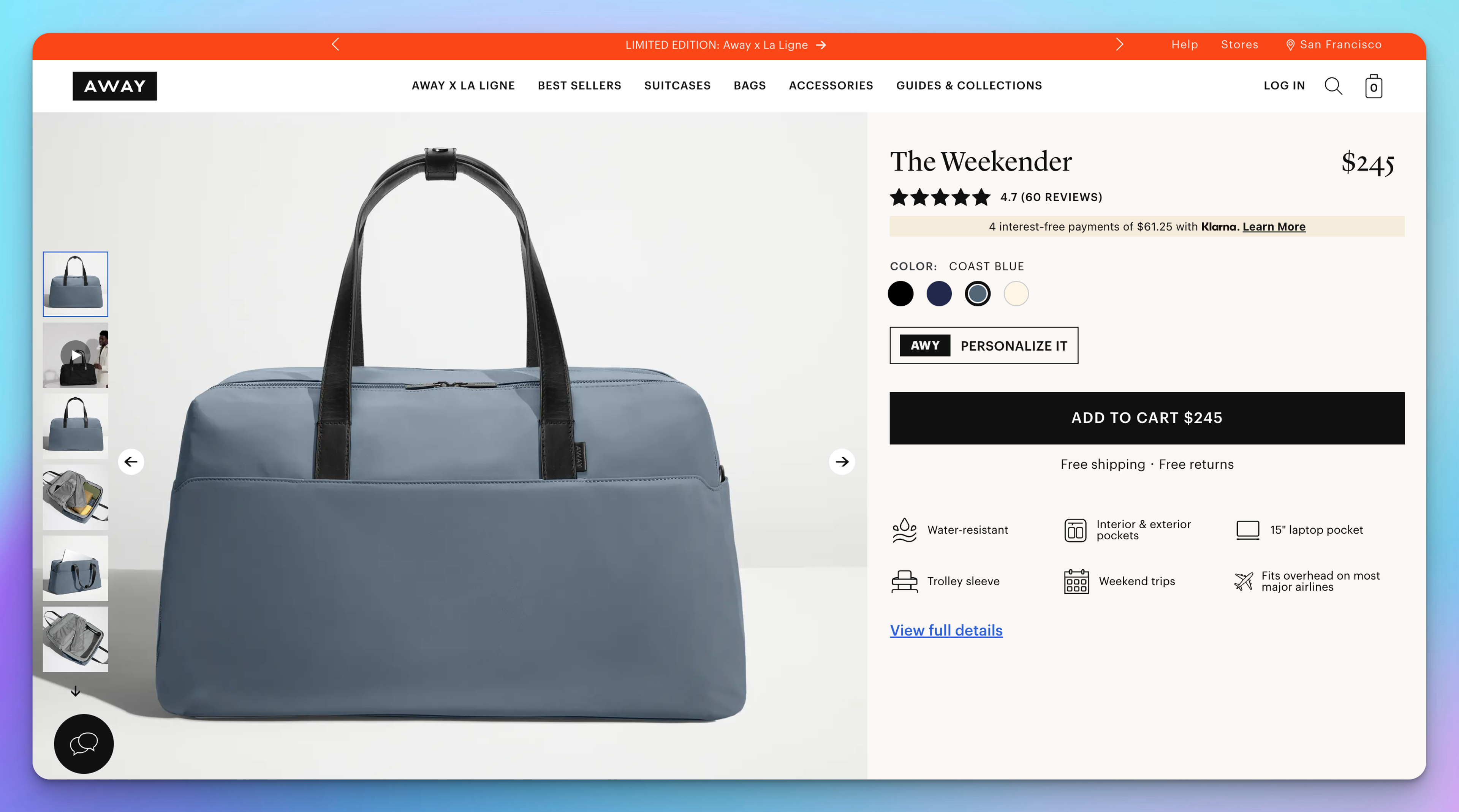 Away Product Landing Page Example