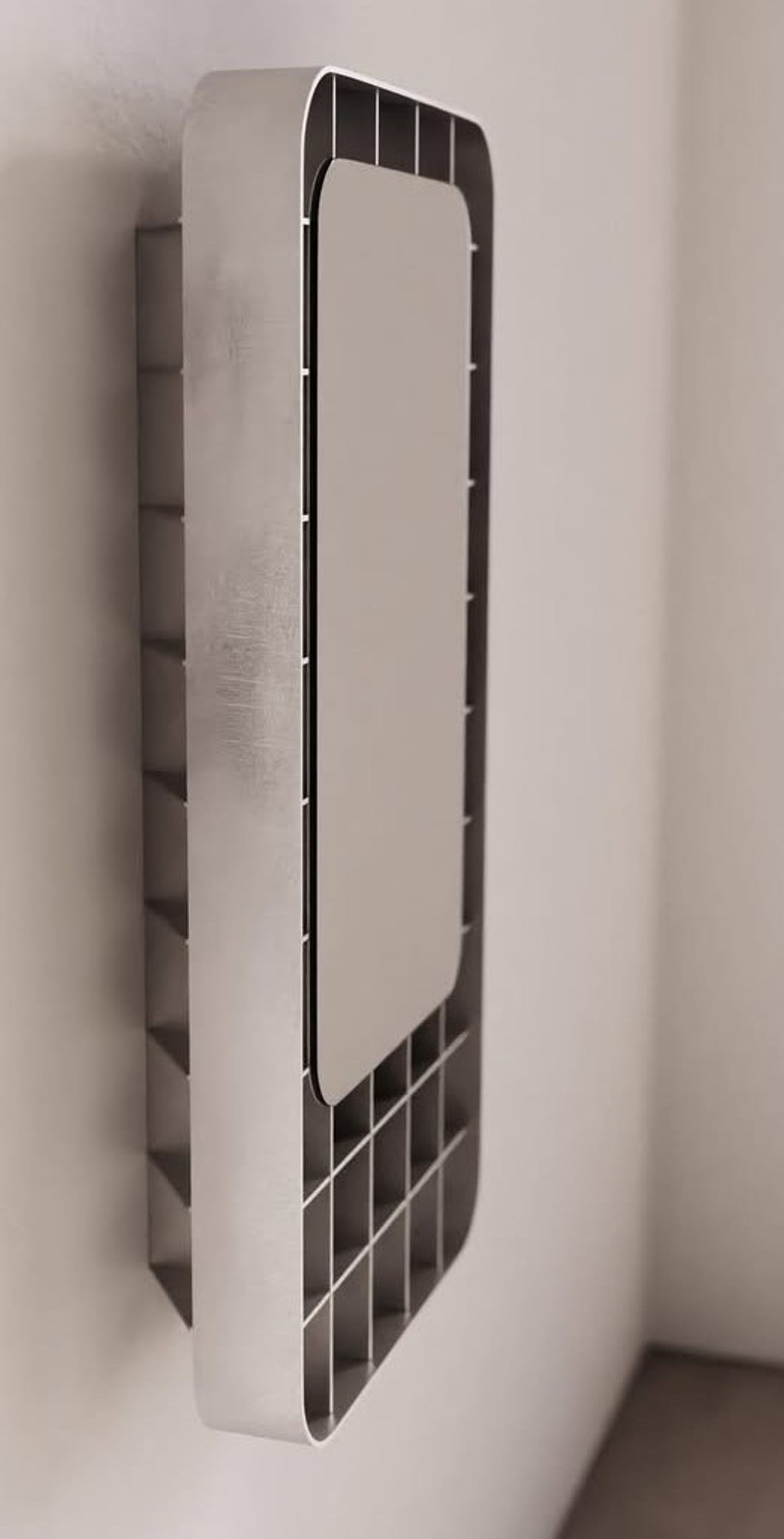 Full-length leaning mirror in a grid steel frame