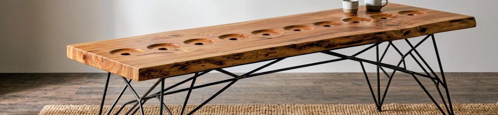 Long dining table with dark branching steel legs