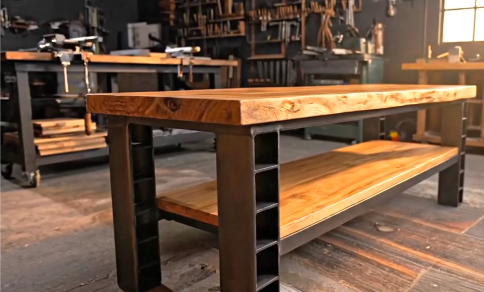 Industrial work table with grid-shelf steel base in the workshop