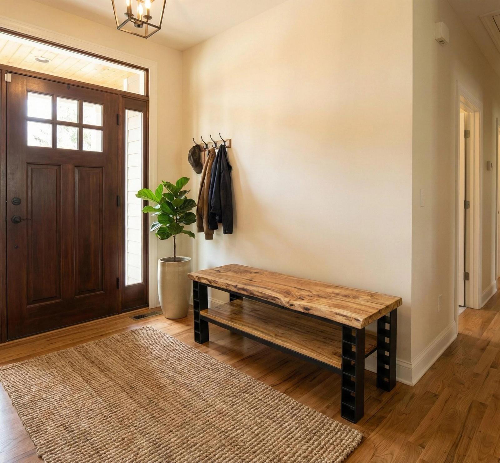 Live-edge bench on cube-grid steel legs in a home entryway