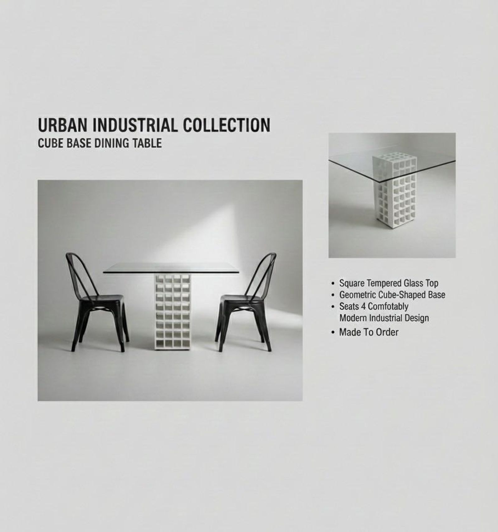Cube-base dining table product spec sheet