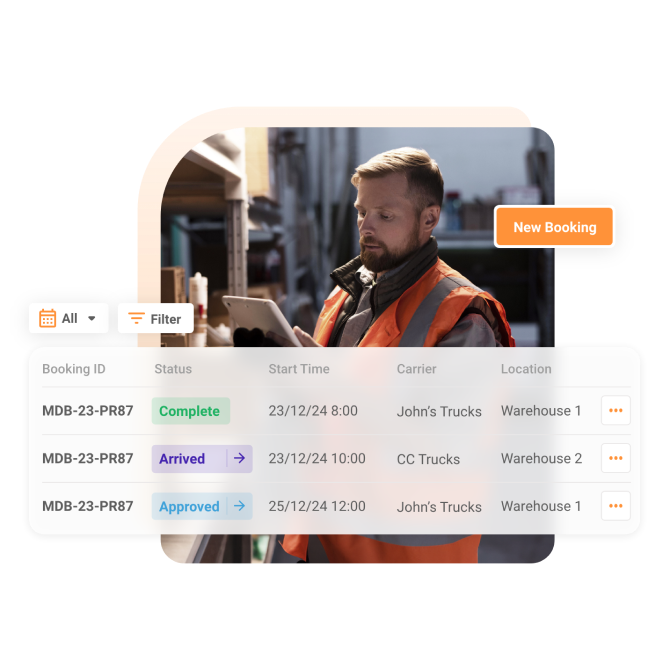 A Mobiledock user in high visibility clothing with the Mobiledock booking list superimposed over him.