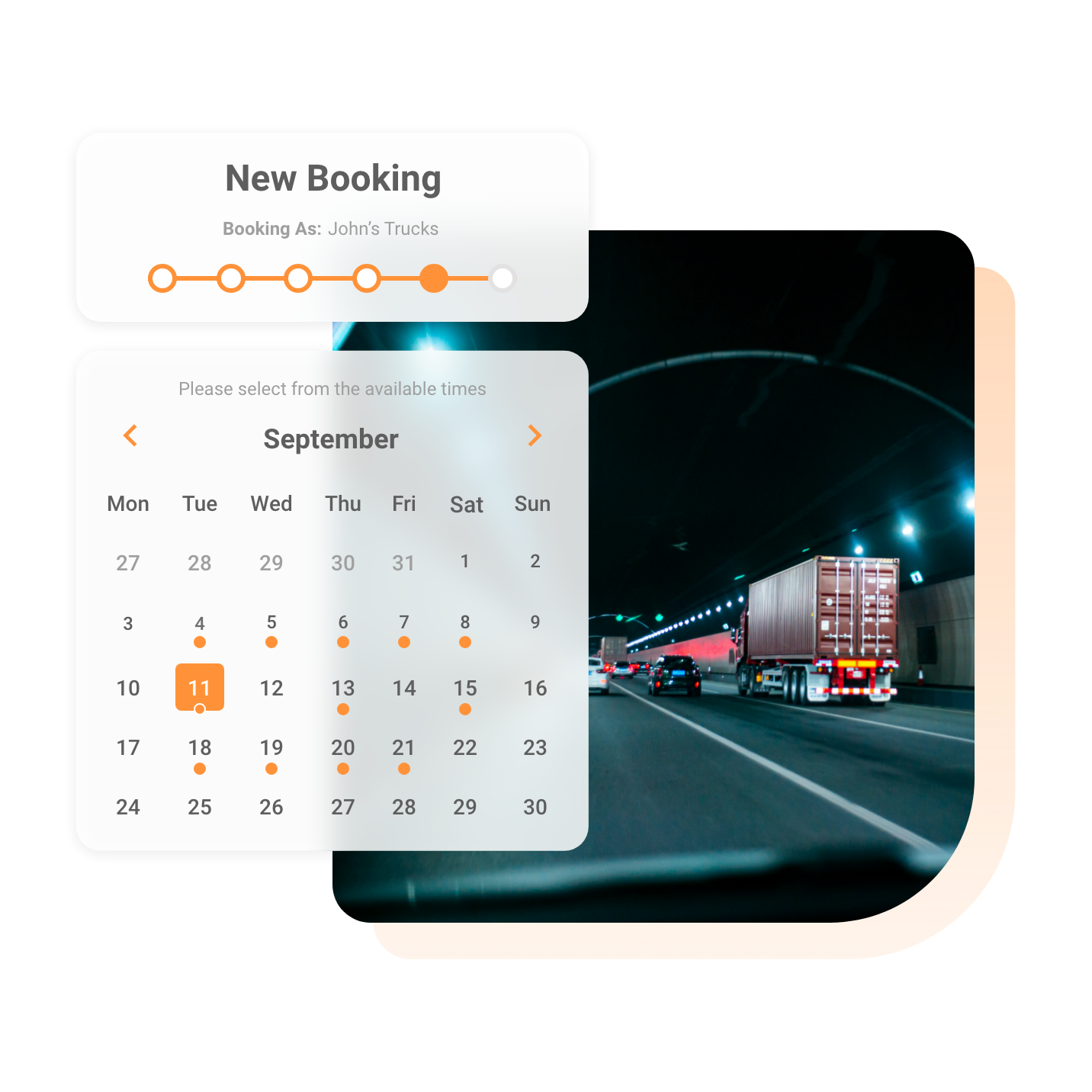 The Mobiledock booking creation time picker displayed next to a truck in a tunnel.