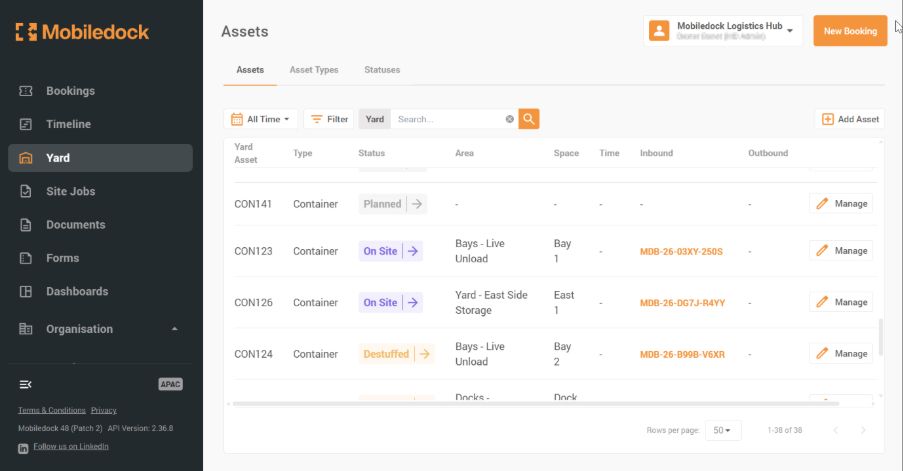 Mobiledock Yard Assets - Status