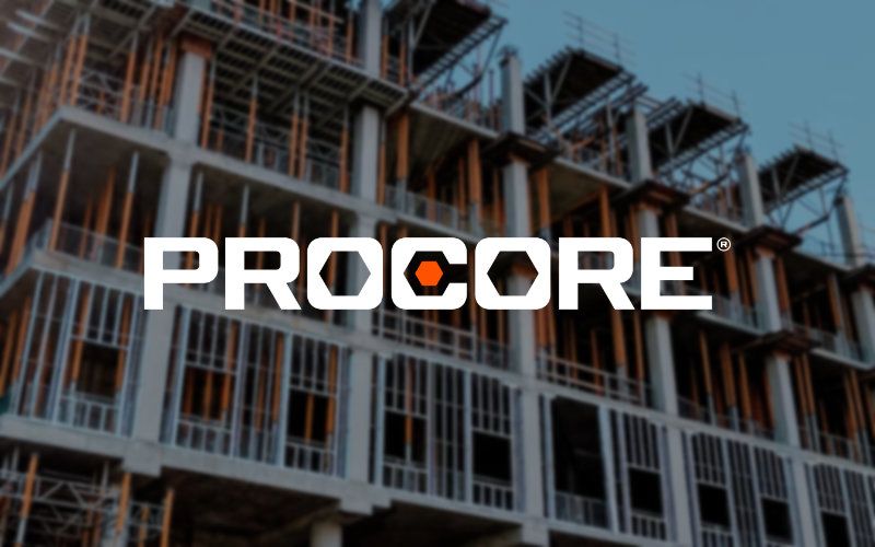 Procore logo over an image of a Mobiledock-controlled construction site.