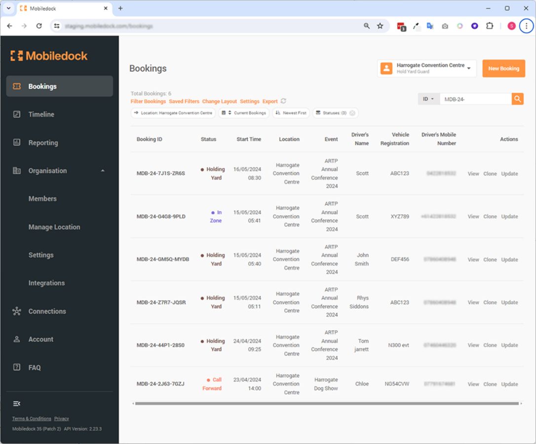 Mobiledock Bookings List