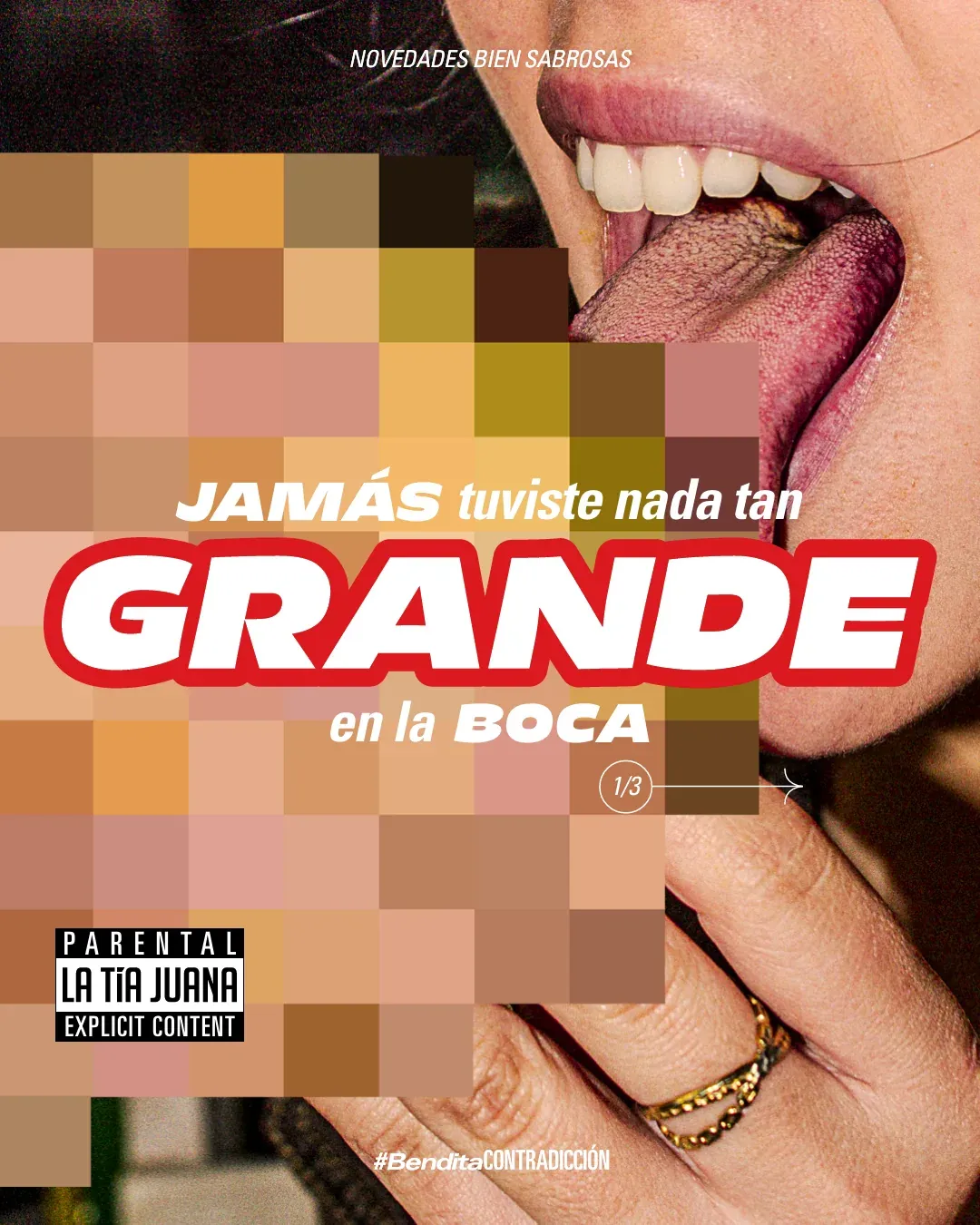 Pieza “Jamás tuviste nada tan grande en la boca”, con la imagen pixelada