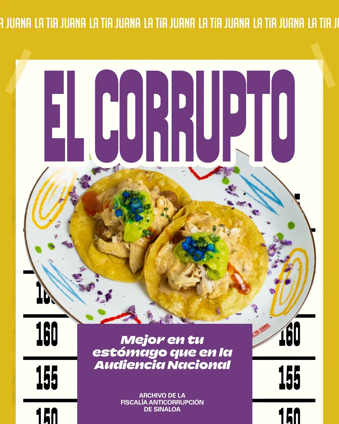 Pieza “El Corrupto”: dos tacos en un plato junto a un gráfico de precios