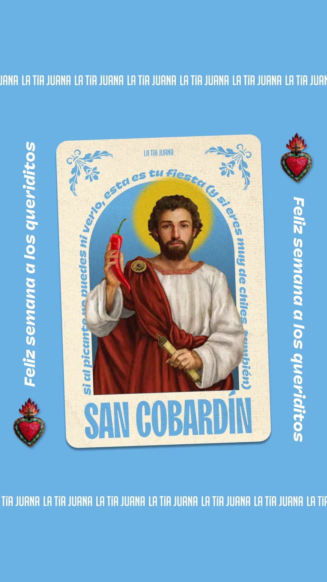 Estampa devocional inventada de “San Cobardín” sobre fondo azul