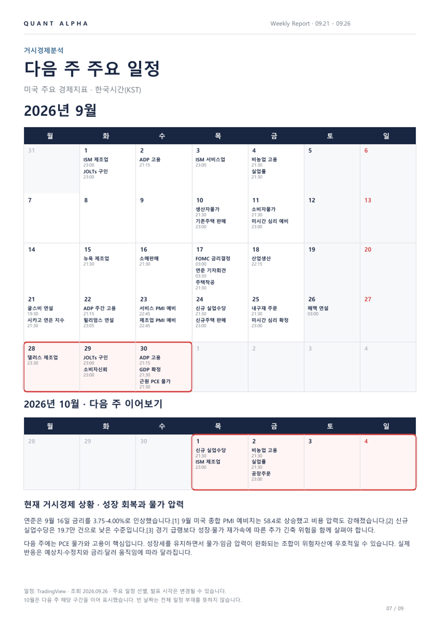 2026.09.21~09.26 주간리포트 7/9쪽 · 경제 일정