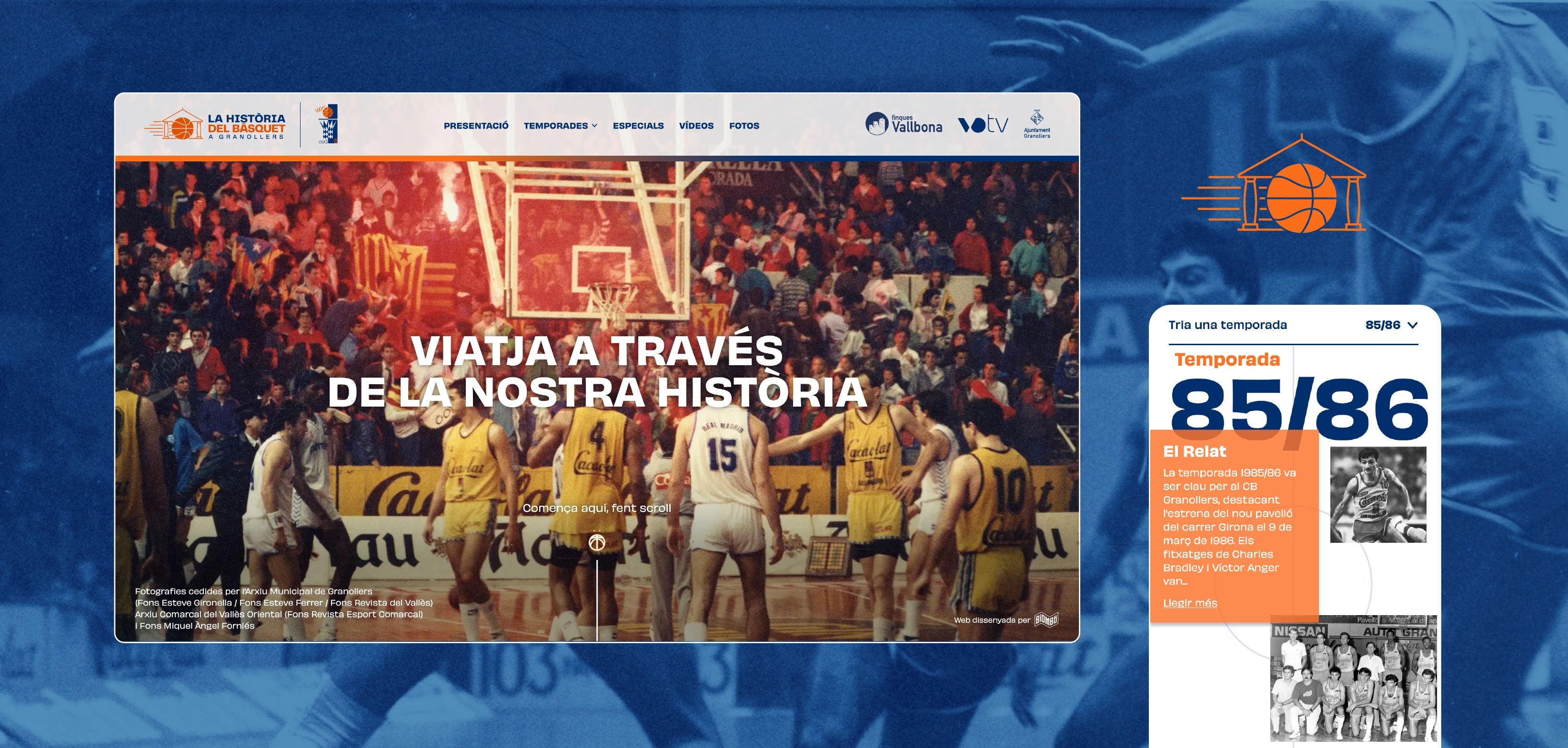 Mockup de la pàgina web aplicada a la pantalla d’un ordinador i d'un mobilandor i d’un mòbil