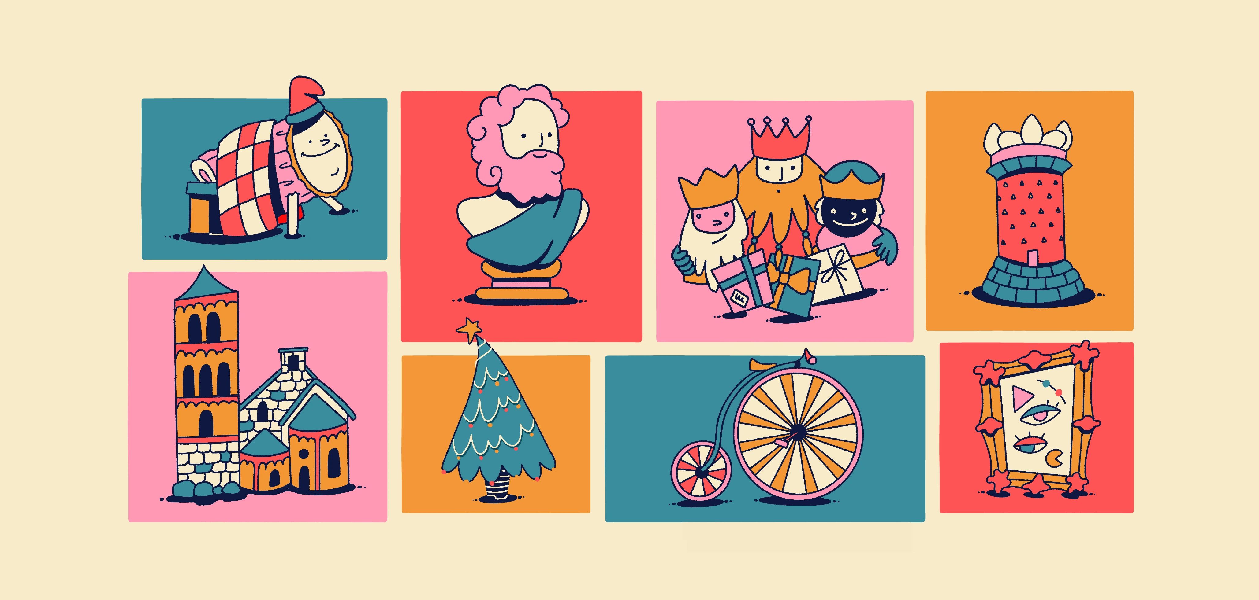 Il·lustracions dels personatges protagonistes de la campanya "Aquest Nadal viu el Patrimoni" de Biombo Studio