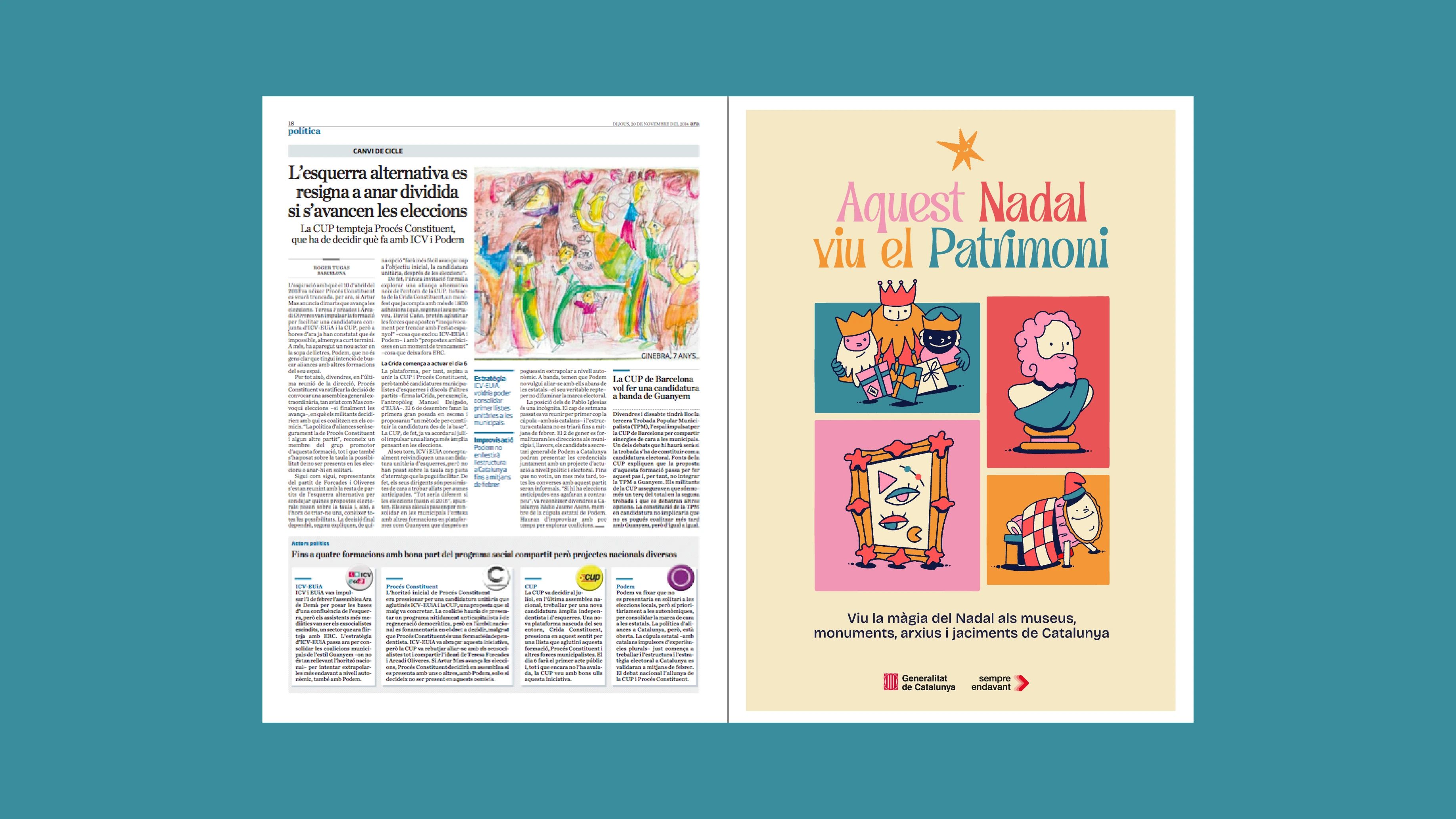 Cartell de la campanya "Aquest Nadal viu el Patrimoni" de Biombo Studio, aplicat a un diari