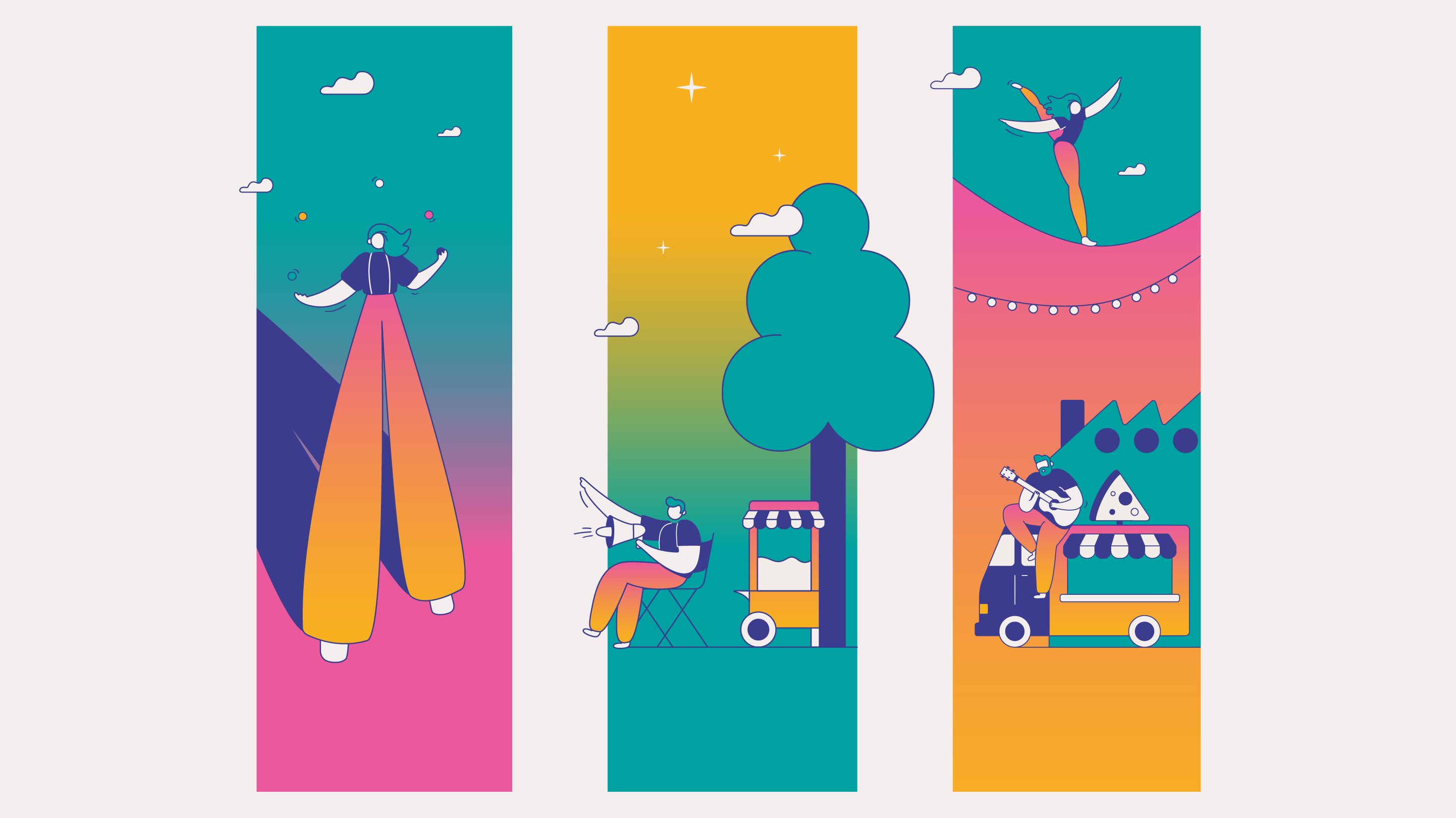 Elements i personatges de la campanya "Granollers a la fresca" de Biombo Studio