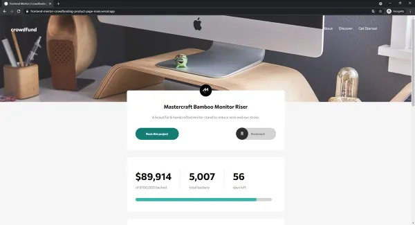 Projeto entitulado Frontend Mentor - Crowdfunding product page apresentando Esta é uma solução para o desafio da página de produto de Crowdfunding no Frontend Mentor