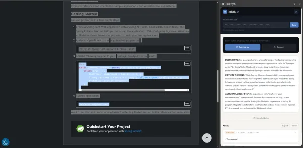 Projeto entitulado BrieflyAI apresentando BrieflyAI é uma extensão do Chrome com um backend Spring Boot que resume o texto selecionado em qualquer página da web usando a Gemini API e permite que você salve notas pessoais localmente por URL.