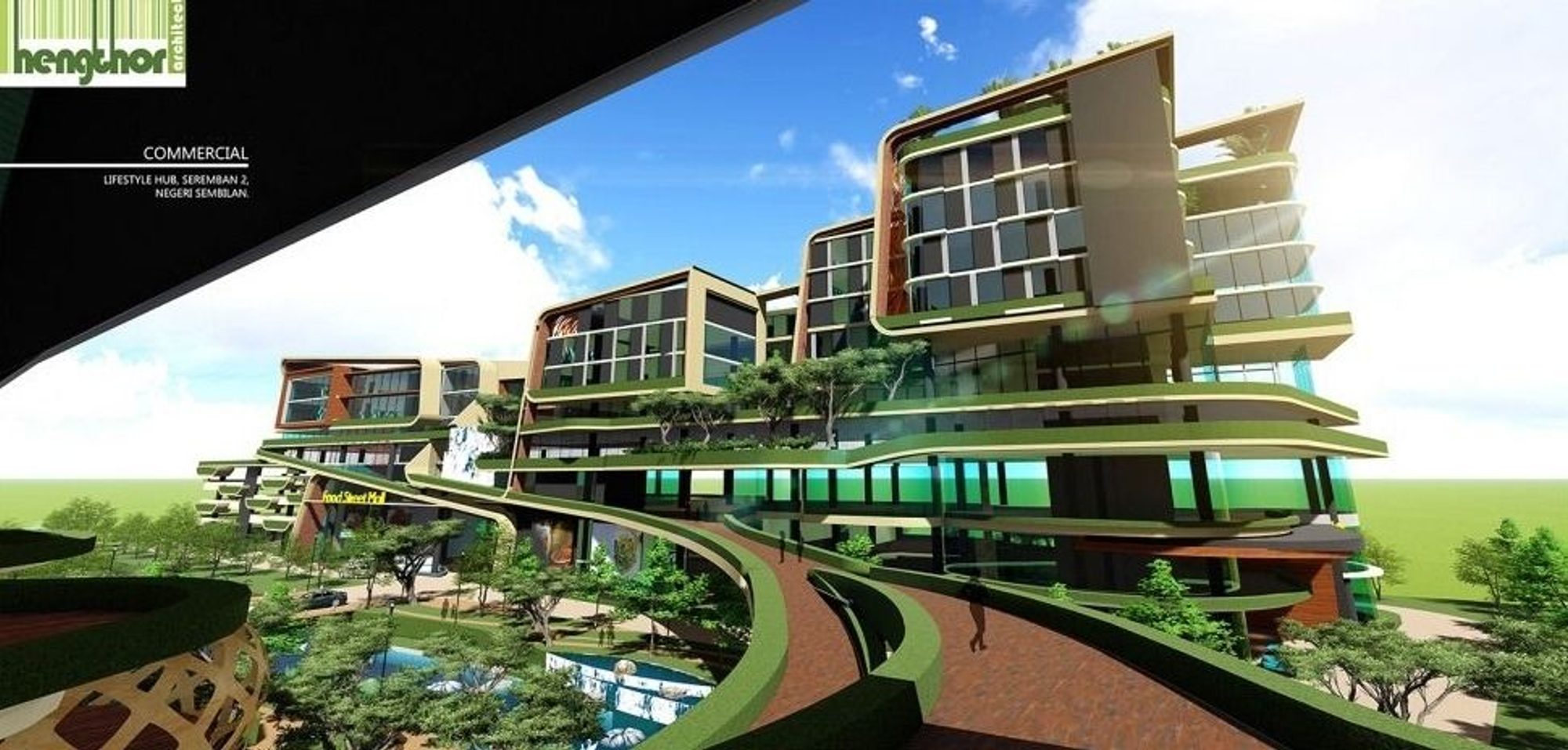 Concept render of Lifestyle Hub Seremban: terraced blocks with planted balcony bands above a curving elevated walkway