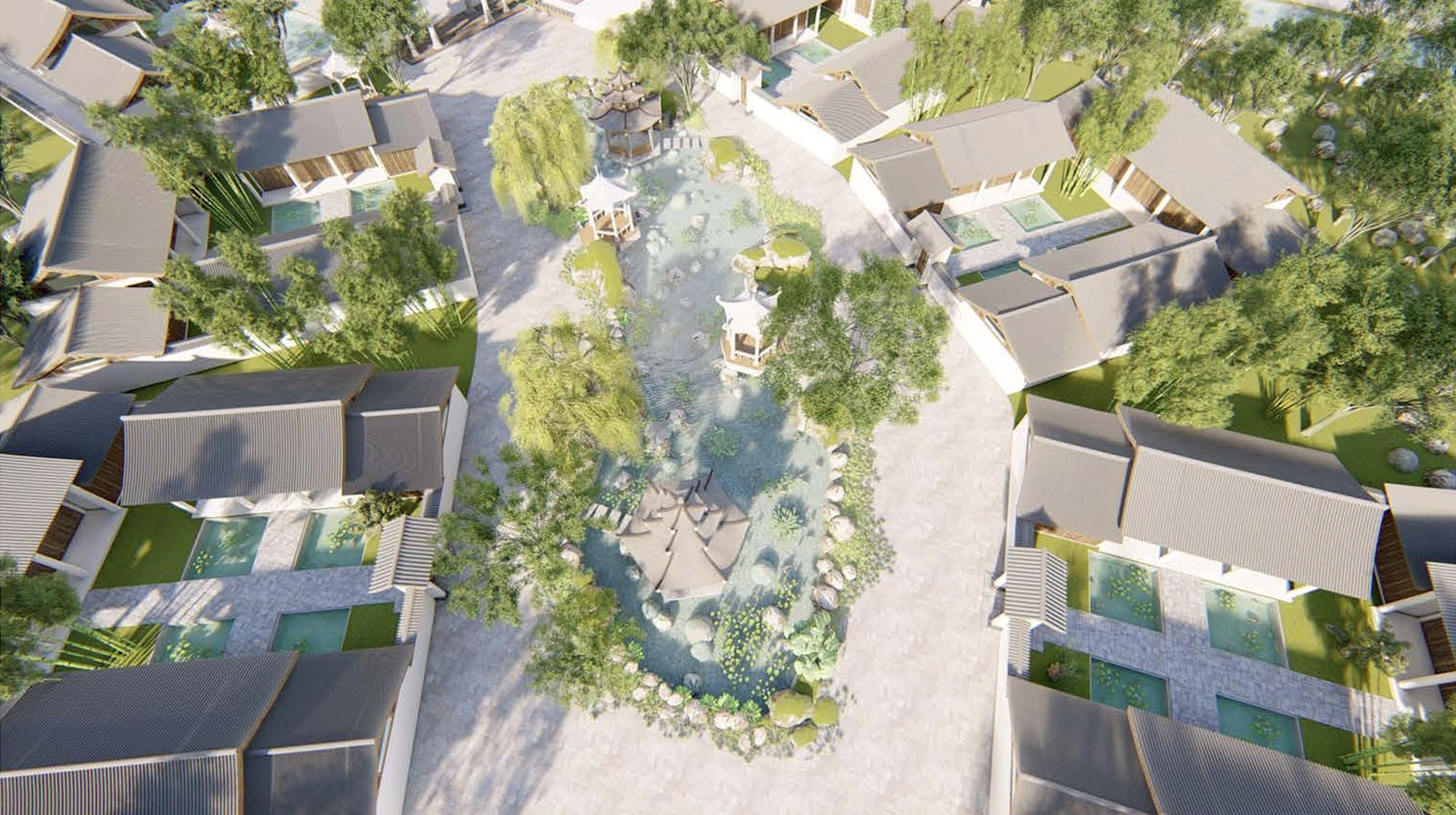Aerial render of low courtyard buildings with grey-tiled roofs around a landscaped pond