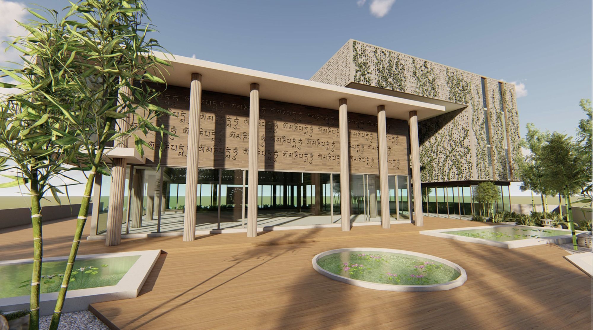 Tibetan Temple, Selangor — colonnaded entrance and timber deck with lotus ponds (render)
