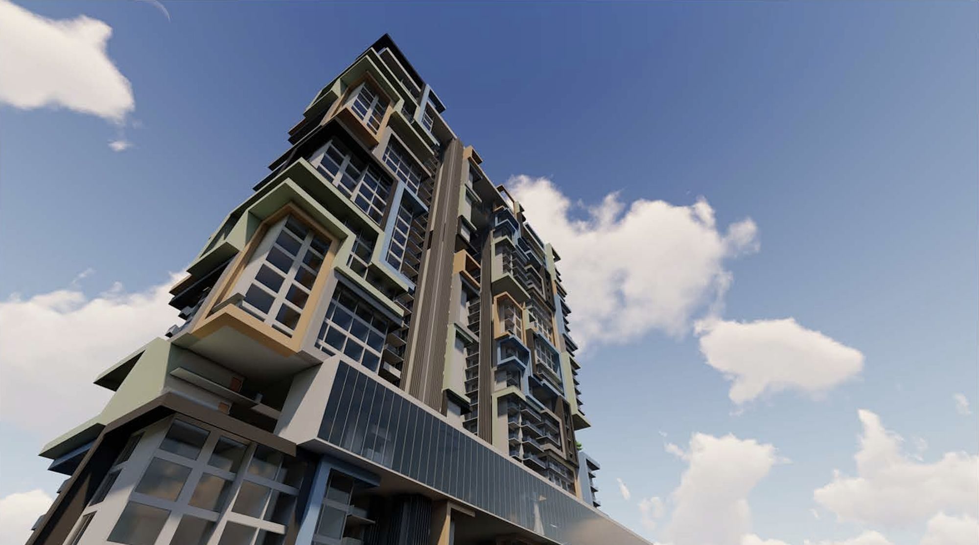 Worm's-eye render of the tower: stacked bays in green, bronze and blue projecting from its face, above a glazed base