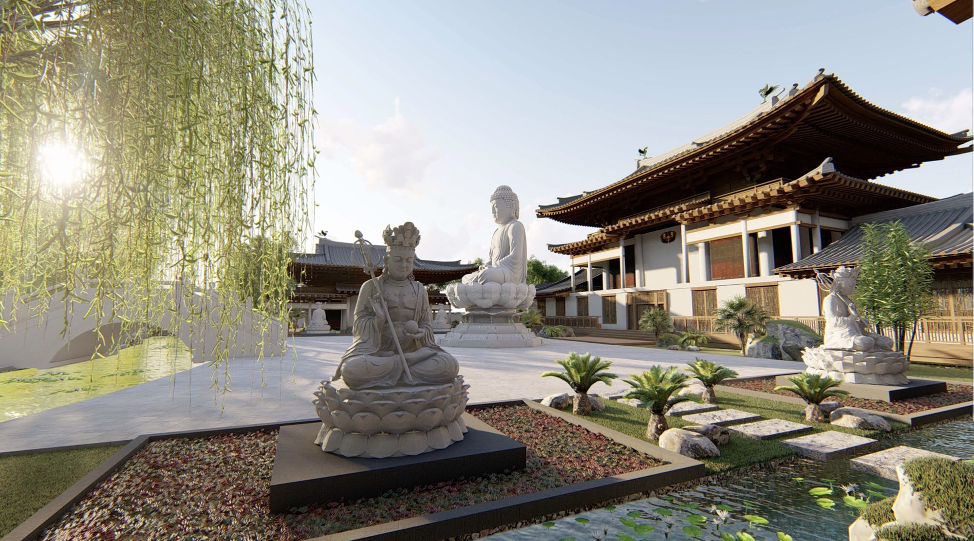 Render of a courtyard with white Buddhist statues, a lotus pond and a traditional hall with upturned eaves