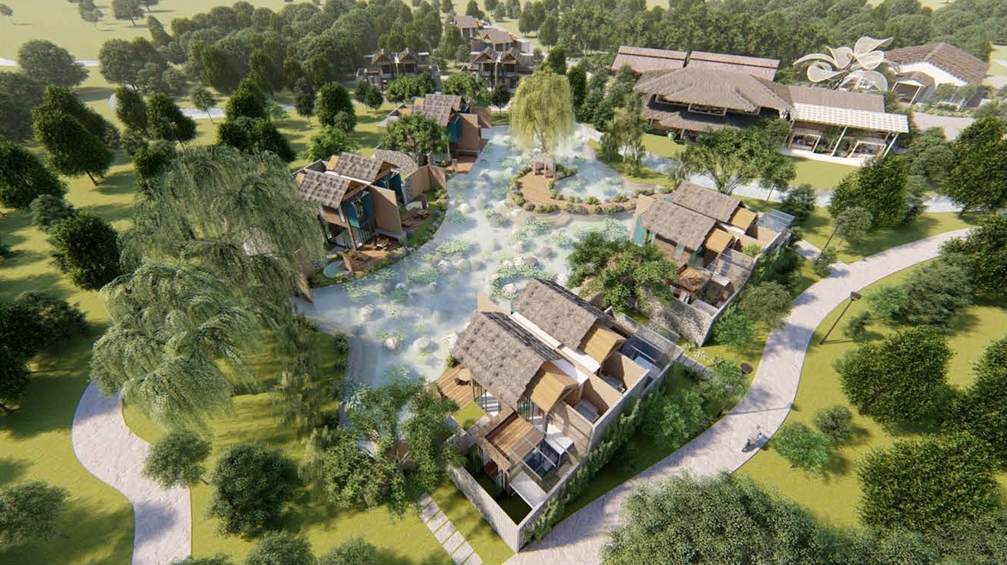 Retreat Resort, Bukit Tinggi, Penang — aerial view of villas around a landscaped lagoon (render)
