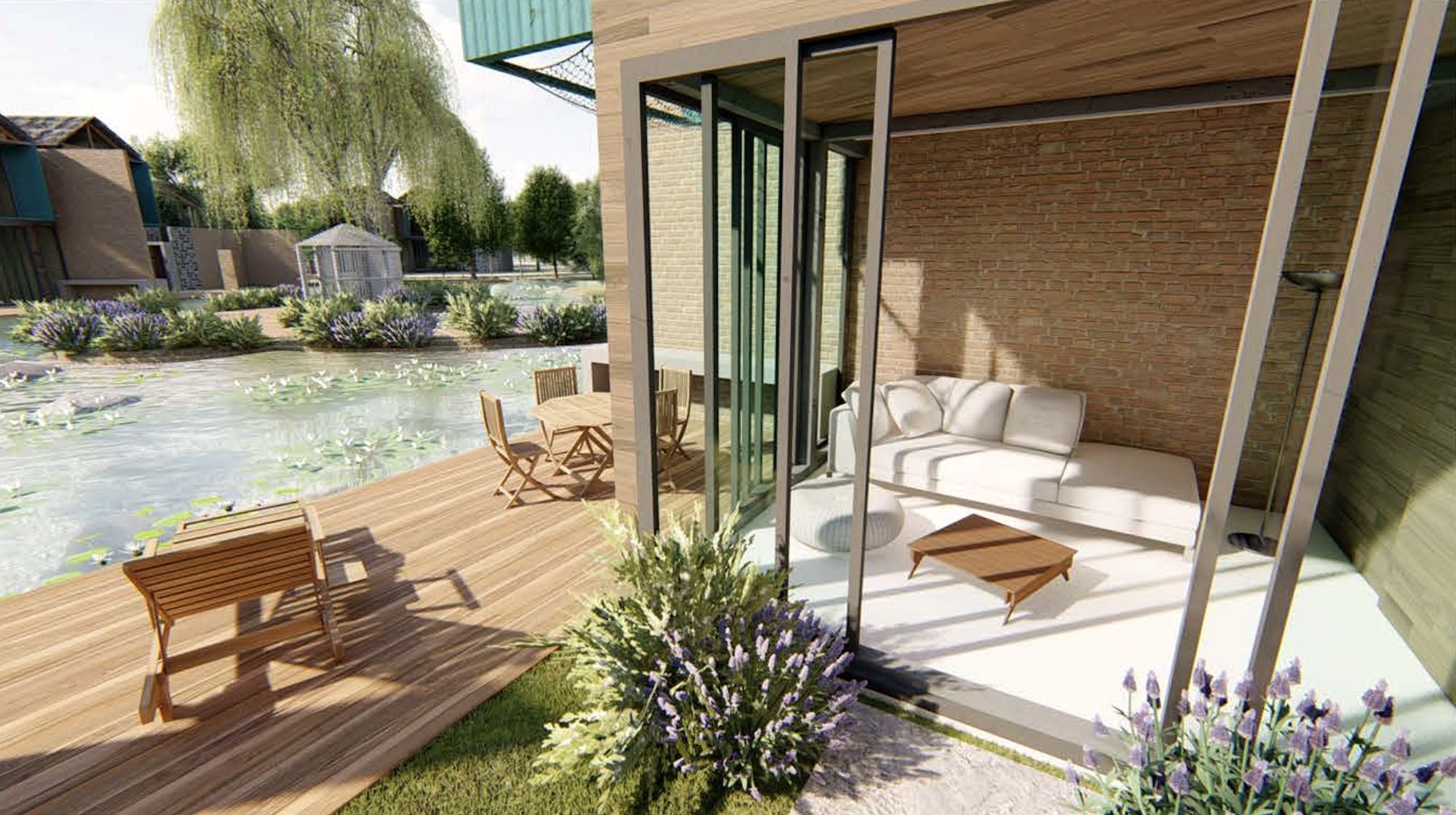 Retreat Resort, Bukit Tinggi, Penang — open villa lounge beside the lagoon (render)