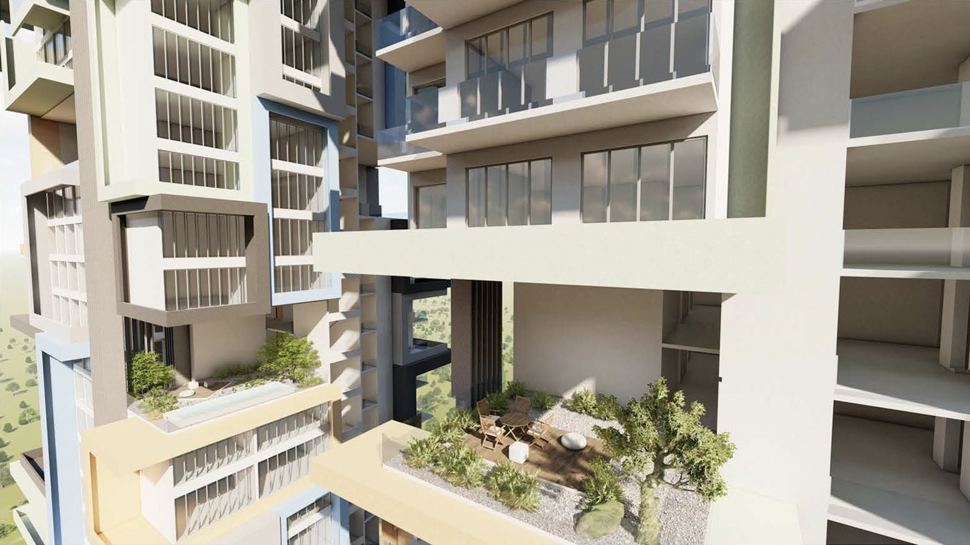 Render of planted sky terraces with seating and trees, set between stacked residential units