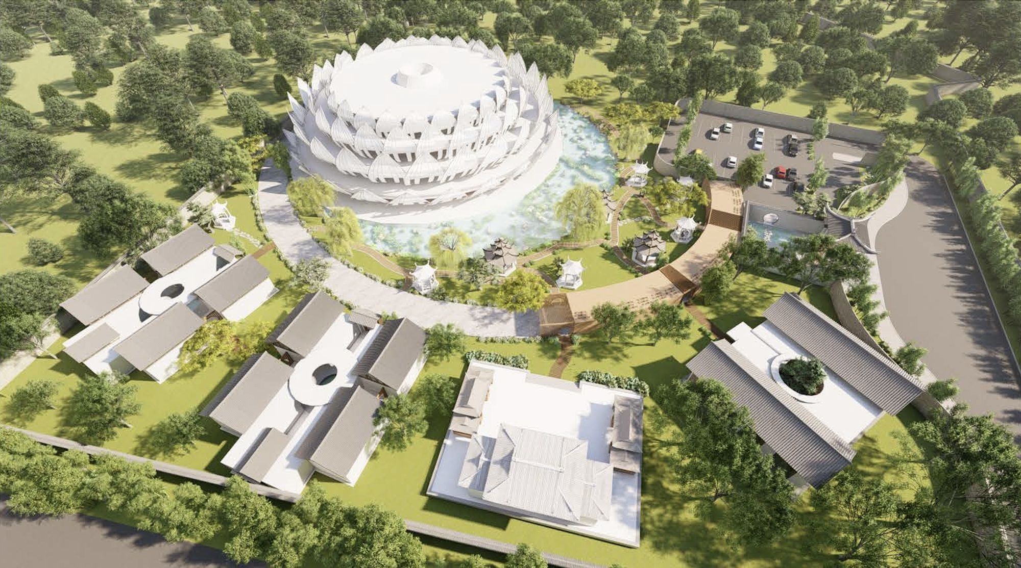 Aerial render of the site: the lotus hall on its lake, surrounded by courtyard buildings, gardens and a car park