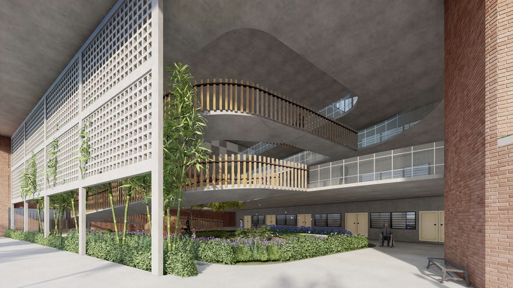 School for Children with Special Needs, Petaling Jaya — covered courtyard with breeze-block screens (render)