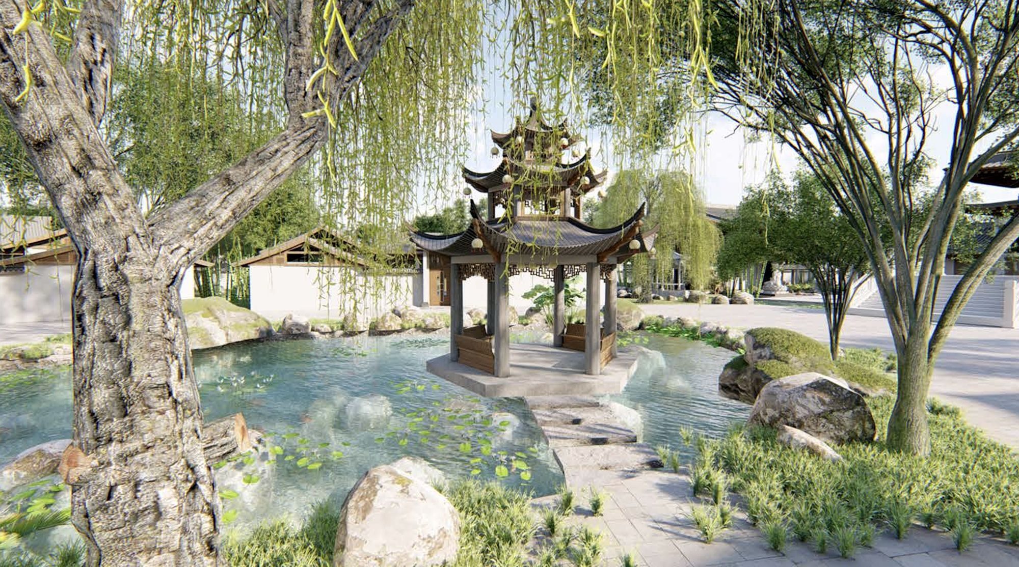 Render of a hexagonal pavilion on a lotus pond, reached by a stone path and framed by willow trees