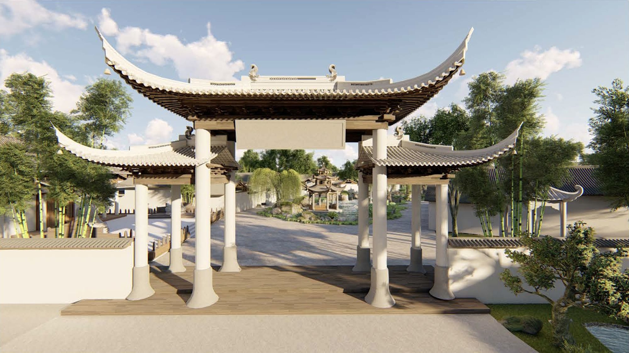 Render of the pavilion gateway: white columns under sweeping, upturned tiled roofs, with bamboo behind