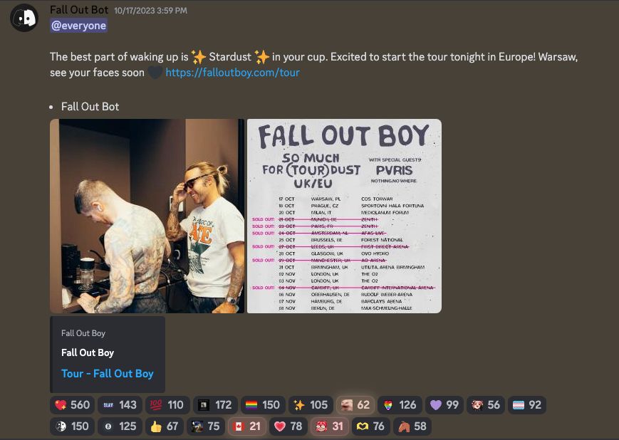 Fall Out Boy band members smiling on tour