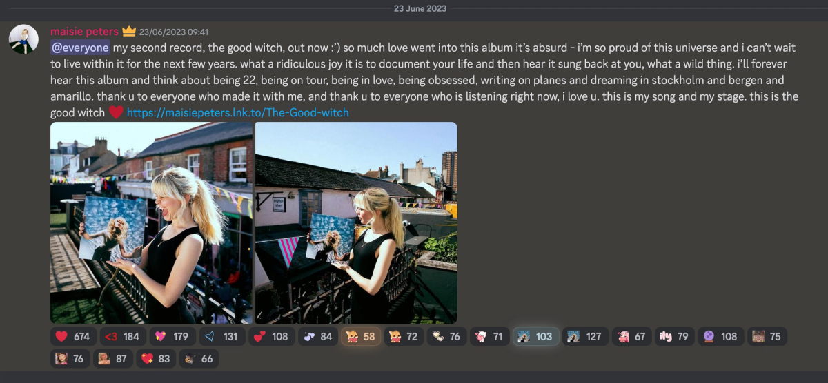 Singer Maisie Peters stands on a rooftop holding her new album, with text thanking fans