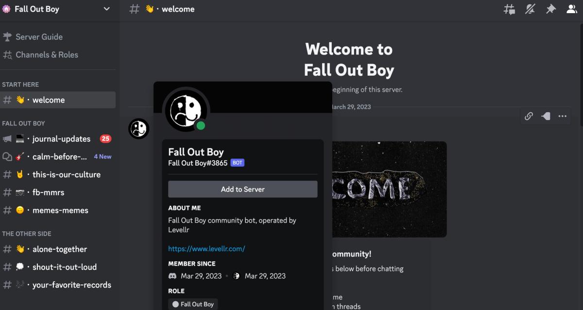 Screengrab of Fall Out Boy Discord community.