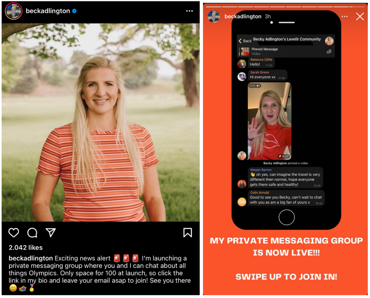 Double gold Olympian, Becky Adlington, using Instagram posts & stories to tell her followers about her private messaging community with Levellr