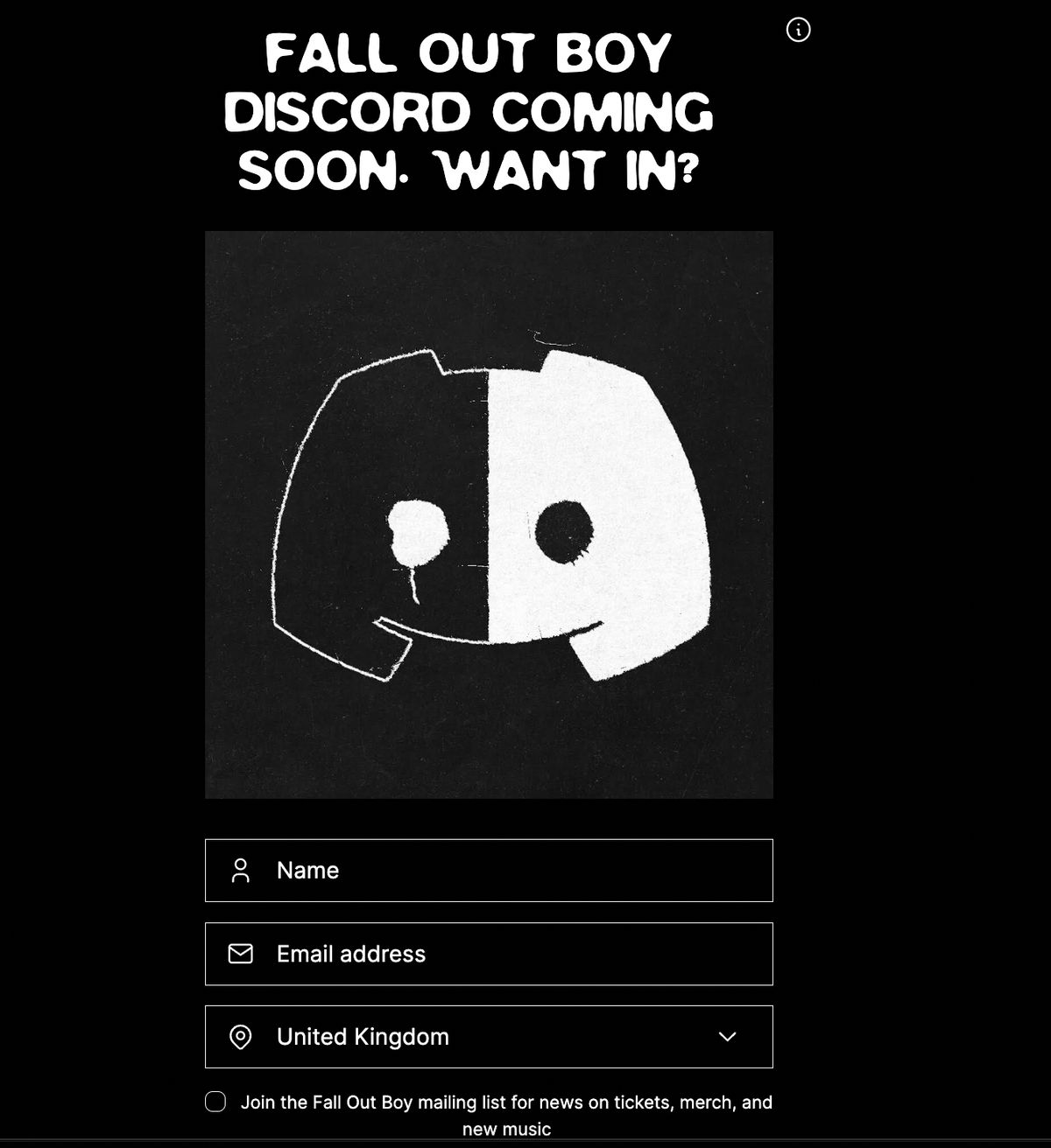 Screengrab of a sign-in page under the words Fall Out Boy Discord coming soon, want in?